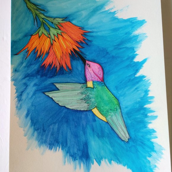 Painting Hummingbird and Flowers Watercolors Ink - Picture 10 of 16